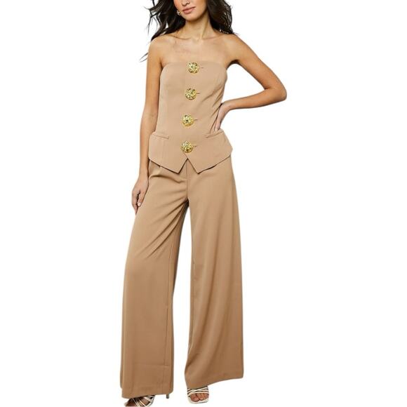 Anthropologie Rare London Sleeveless Jumpsuit Tan Size 2 Tailored Bandeau - Picture 4 of 6